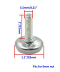 Adjustable M6 furniture leveler screw-on glide showing dimensions, fits 6mm nut, perfect for stabilizing chairs and desks.