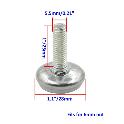 Adjustable M6 furniture leveler screw-on glide showing dimensions, fits 6mm nut, perfect for stabilizing chairs and desks.