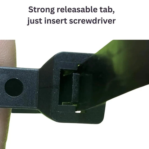 Close-up of 100 Pack Heavy Duty 14 Inch Zip Ties With 120 Pound Tensile Strength UV Resistant Marine Grade Nylon tab releasing.