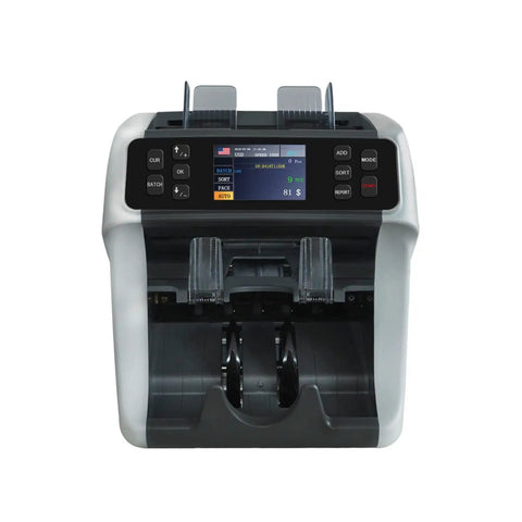 Straight Up Top Shelf Money Counter Machine With Mixed Value Scanning And ECBA Anti Counterfeit Tech For Legit Cash Counting and Smooth Daily Retail Setups, front view with control panel.
