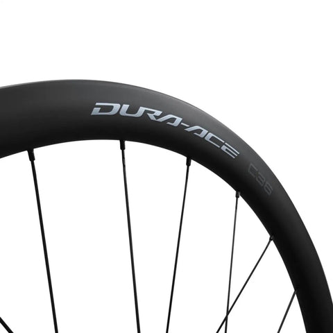 Close-up of Dura-Ace Wh-R9270 C36 Carbon Road Wheelset 700c Tubeless Ready With 36mm Aero Depth rim detail.