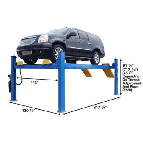 Commercial 4 Post Vehicle Alignment Lift With Heavy Duty Rotating Platforms And Secure Grip Flooring Designed For Daily Shop Use Delivers Rock Solid 14000 Lb Capacity Plus Generous Overhead Clearances And Hassle Free Controls with SUV raised on lift