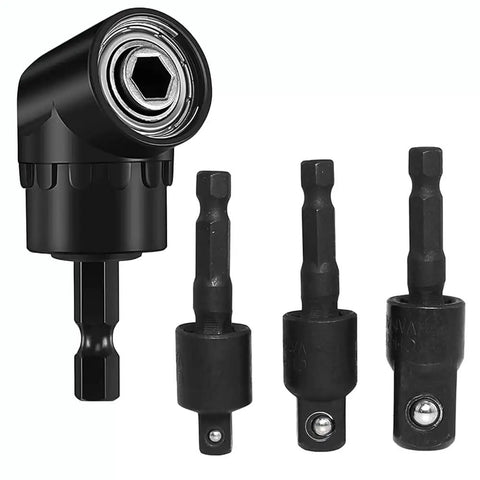 105 Degree Angle Socket Adapter 3 Piece Black Extension Kit Built For Narrow Spaces And Dead Corners That Gets Into Tight Spots Works With Manual And Power Tools Flexible Multi Angle Drive For Automotive Home And DIY Projects showing connectors