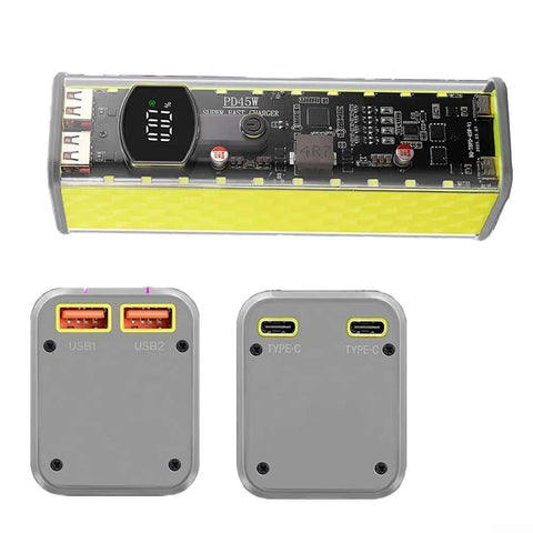 Effortless No Sweat Solderless DIY Power Bank Enclosure Holds Eight 18650 Batteries In Transparent ABS Case Featuring Killer 45 Watt Fast Charging with USB and Type-C ports.