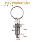 Four Heavy Duty Pull Ring Indexing Plungers With Retractable Quick Release Pins Crafted From Stainless Steel Giving You Spring Loaded Telescopic Action And Rock Solid Workbench Grip M16 Thread, M16 threaded design with size measurements.