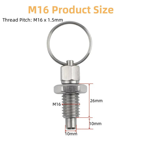 Four Heavy Duty Pull Ring Indexing Plungers With Retractable Quick Release Pins Crafted From Stainless Steel Giving You Spring Loaded Telescopic Action And Rock Solid Workbench Grip M16 Thread, M16 threaded design with size measurements.