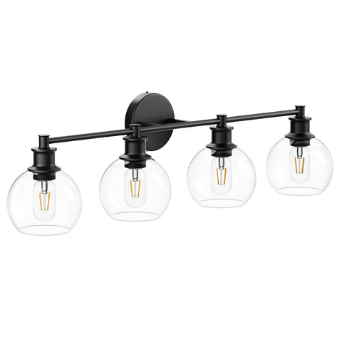 Four Light Matte Black Industrial Vanity Light Fixture Over Mirror With Clear Glass Globes, Farmhouse Bath Light