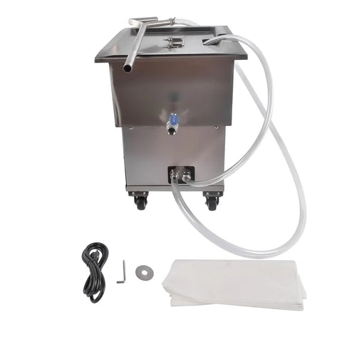 Heavy Duty 370W Commercial Fryer Filter Machine With 18L Oil Filler Cart Truck Separator, stainless steel build, filtration hoses and accessories.