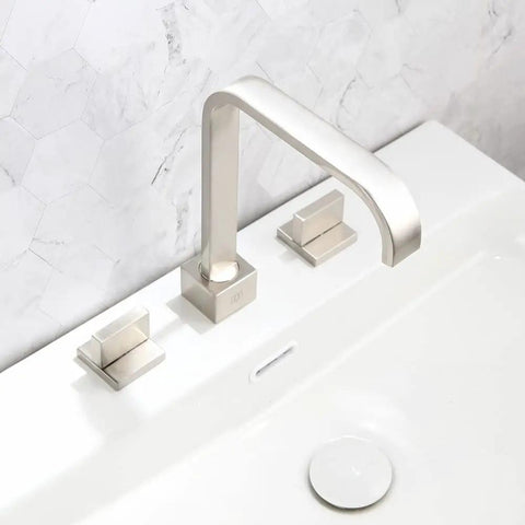 Brushed Nickel Two Handle Widespread Bathroom Sink Faucet, Solid Brass Construction, 8 Inch Center, Slick Waterfall Style