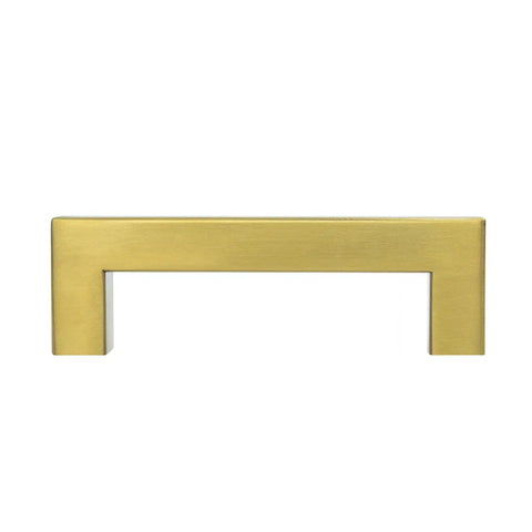 Side view of one handle from 40 Pack Three And Three Quarter Inch Square Cabinet Handles in Brushed Brass Finish with Stainless Steel Build.