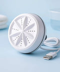 Compact 2-in-1 Mini Ultrasonic Washing Machine Portable USB Turbo Washer with white design and power cable.