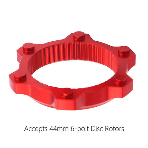 Red Swap-Ready Center Lock To 6-Bolt Disc Rotor Adapter for 9mm, 12mm, 15mm Hub Axles with Lock Ring and Spacer