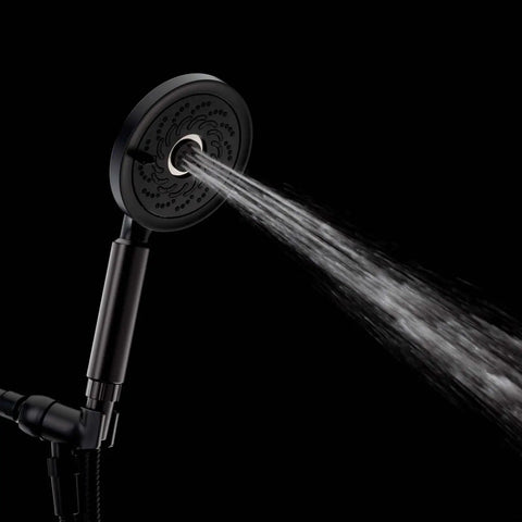 Neo Exhilaration High Pressure Handheld Shower Head With 2 GPM Flow Matte Black spraying water with modern round design