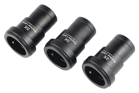 1.25 Inch Barlow Lenses Kit With 2X 3X 5X Magnification, Fully Metal Body, Multi Coated Broadband Green Film Optics displayed