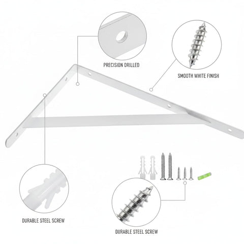 Rock-Solid White Carbon Steel Wall Mount Bracket for Floating Shelves with screws and precision drilled design
