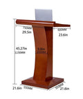 Hassle Free Wood Lecture Podium Glides Smooth Over Rugged Casters Features Handy Storage Shelf Sturdy Teacher Speaking Platform Built For Church Sermons Or Conference Events with size dimensions displayed.