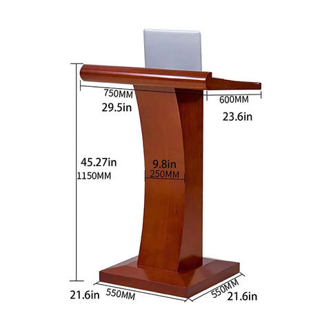 Hassle Free Wood Lecture Podium Glides Smooth Over Rugged Casters Features Handy Storage Shelf Sturdy Teacher Speaking Platform Built For Church Sermons Or Conference Events with size dimensions displayed.