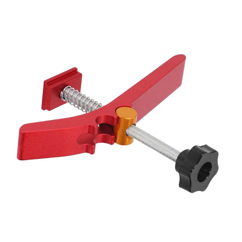 Must-Have Adjustable T-Track Hold Down Clamp For Your Workbench Shop Gear, red aluminum clamp with tool-free locking action.