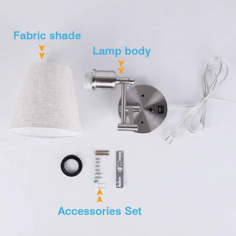 Bedside Wall Mount Light With Dimmable Switch And USB Port Swing Arm Fabric Shade Wall Sconce components displayed