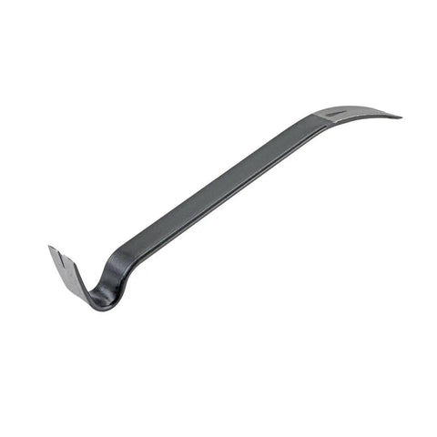 Fifteen Inch Flat Utility Pry Bar with nail puller and chisel ends for prying, scraping, lifting, and pulling heavy-duty carbon steel.