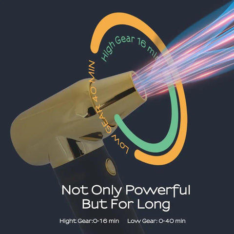 High Power Electric Compressed Air Duster With 3 Gear Settings, showcasing high and low gear durations, Black Gold design
