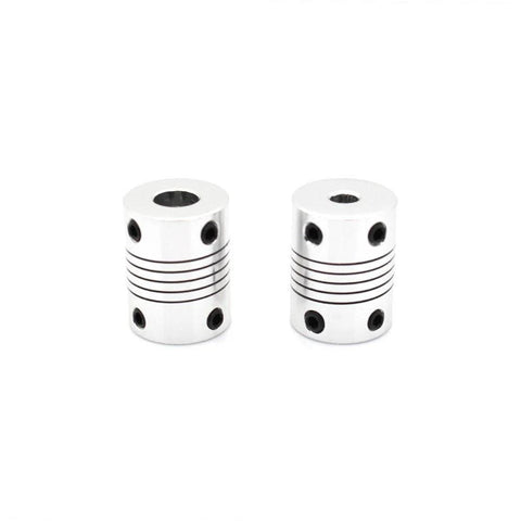 Two silver ReliaBot flexible shaft couplings, 5–8 mm bore, for NEMA 17 shaft and T8 lead screw