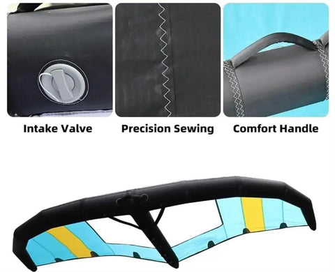 Inflatable Wing Surfing Gear For Windsurfing And Kitesurfing With Window Handheld Surf Wing showing intake valve, stitching, handle