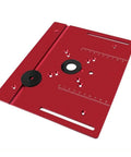 Built Rock Solid C8 Aluminum Router Table Insert Plate For Woodworking Projects Dead Accurate Inverted Mounting Platform Knockout Upgrade For 65 Millimeter Routers In Bold Red Color, showing red aluminum plate with measurement markings.