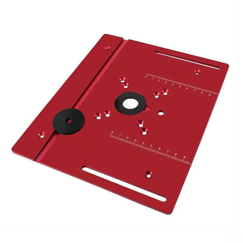 Built Rock Solid C8 Aluminum Router Table Insert Plate For Woodworking Projects Dead Accurate Inverted Mounting Platform Knockout Upgrade For 65 Millimeter Routers In Bold Red Color, showing red aluminum plate with measurement markings.