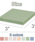 Stack of 3x3 inch green lined sticky notes with dimensions highlighted; part of the 16 Pack Lined Sticky Notes 3 By 3 Inches Ruled Memo Pads With Super Sticky Power In Vintage Colors For Quick Memos, Study Notes, To Do Lists, And Handy Brain Dumps.