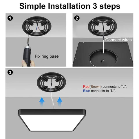 Installation steps for Two Pack 12 Inch 24W Flush Mount LED Ceiling Light Square Black 5000K Daylight, 3200 Lumens, Ultra Bright.
