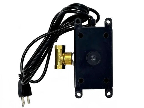 Top Shelf Electric Air Compressor Tank Drain Valve Designed To Kick Rust And Gunk Out Of Receivers With Timer Control, black body and bronze valve.