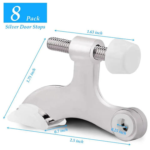 Heavy Duty Door Stops 8 Pack Adjustable Hinge Pin Metal With Rubber Bumper Tips Silver showing dimensions and design features.