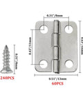 Mini Metal Hinges Set 60 Pcs 16x13mm 180 Degree for Small Wooden Boxes Dollhouses Jewelry Chests Cabinets DIY Craft Hardware with Plated Iron Construction and 11mm Center to Center Spacing, shown with screws and dimensions.