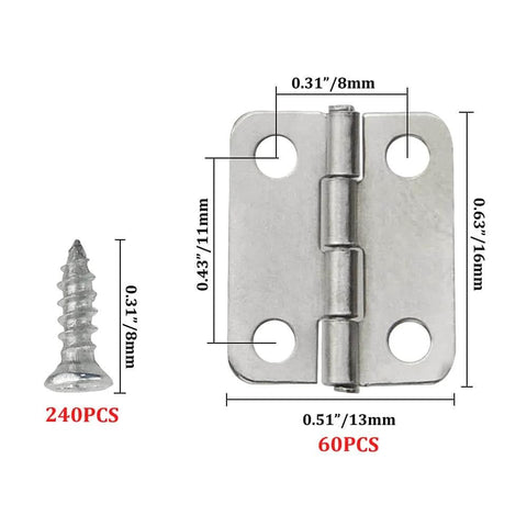 Mini Metal Hinges Set 60 Pcs 16x13mm 180 Degree for Small Wooden Boxes Dollhouses Jewelry Chests Cabinets DIY Craft Hardware with Plated Iron Construction and 11mm Center to Center Spacing, shown with screws and dimensions.