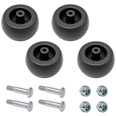 Deck Wheel Nut And Bolt Kit For 600 700 800 900 Series Mowers Beefed-Up Heavy Duty Replacement With Five Inch Deck Wheels One Half Inch Lock Nuts Five Eighth Inch Shoulder Fits ZTrak And Hydro Walk Behind. four 5-inch deck wheels, bolts, and lock nuts