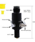 Black Six Configurations 4500 PSI Paintball Air Tank Regulator Gauge with specifications and fittings labeled