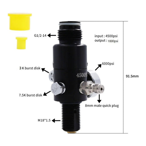 Black Six Configurations 4500 PSI Paintball Air Tank Regulator Gauge with specifications and fittings labeled