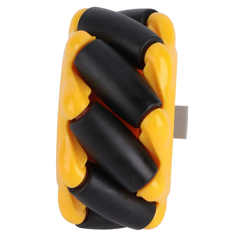 Mecanum wheel side view for geared motor; yellow frame with black rubber-coated rollers, 60mm diameter.