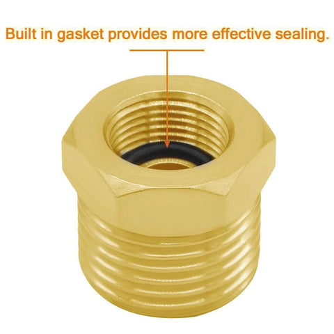 Brass adapter for faucet hoses with built-in gasket providing secure sealing for plumbing connections.