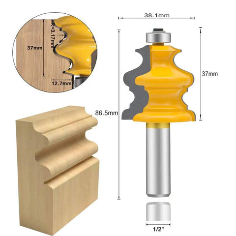 Half Inch Shank Molding Router Bit Set For Edge Rounding And Roundover Beading Five Piece Pro Grade Carbide Cutter CNC Woodworking Bits For Cabinet Doors Trim And Millwork With Durable Micro Grain Tungsten Carbide Blades, showing bit dimensions and wood profile.