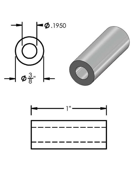 Aluminum spacer, 1 in long, 3/8 in OD, 3/16 in bore; unthreaded standoff, plain finish; 10-pack fits #10/M4 screws