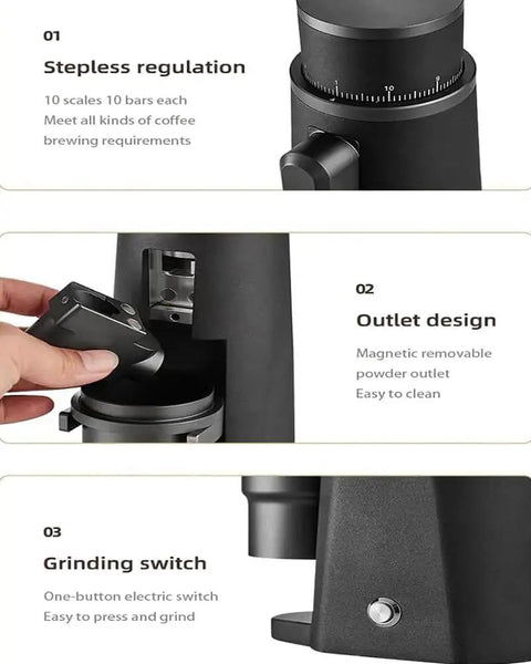 Compact Portable Electric Coffee Grinder Featuring A Kickass 48Mm Burr Mill With Stepless Adjustment For Beans Spices And Herbs Ultra Quiet Design For Grabbing Brews On The Road In Black, showcasing stepless regulation and outlet design.