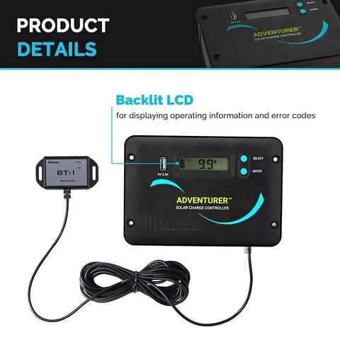 Adventurer 30A LCD PWM Controller and BT1 Bluetooth Module from All In One 400W 12V RV Solar Kit With Four 100W Monocrystalline Panels.