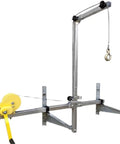 Tough As Nails Hydraulic Engine Hoist Featuring Adjustable Telescopic Boom And Reinforced Foldable Legs For Smooth Daily Job Tasks And AC Condenser Removal with yellow pulley and hook.