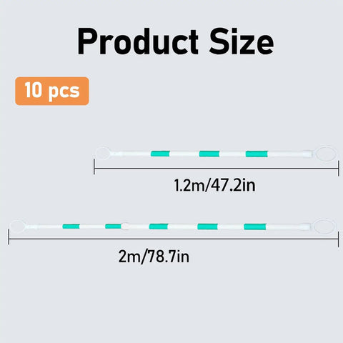 Product image showing sizes of Heavy Hitter Retractable Traffic Cone Barrier 10 Pack, 1.2m and 2m long streaked pvc bars.