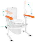 Heavy Duty Toilet Safety Rails For Elderly Free Standing Frame With Adjustable Height And Width, shown on a toilet