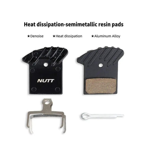 Hydraulic Disc Brake Pad Set For Bicycle And Scooter, semi-metallic resin pads with heat dissipation, aluminum alloy detail.