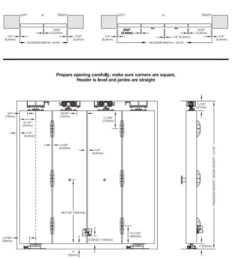 Technical diagram of 48 Inch Bifold Door Hardware Kit For Four Doors Aluminum Top Mounted Sliding Barn Door Track System