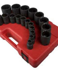 19-Piece 1/2 Inch Drive SAE 12-Point Impact Socket Set With Radius Corner CR-MO Alloy Steel arranged on red case